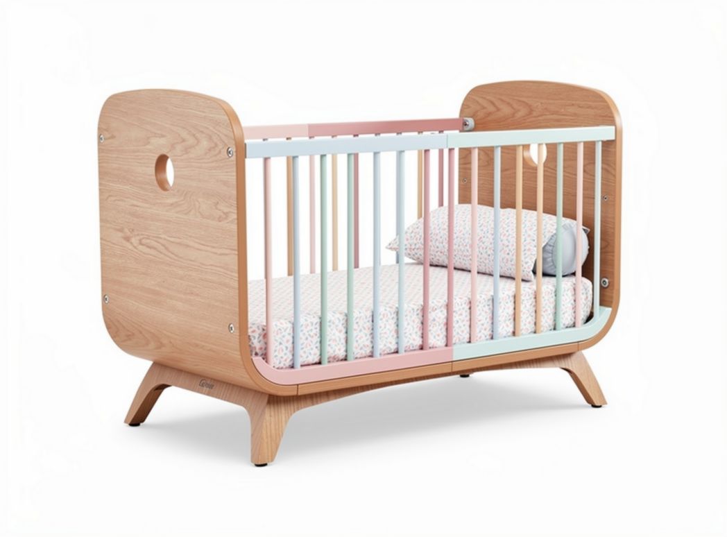 Houten kinderbed met pastel kleurige spijlen 120 x 60 x 90cm