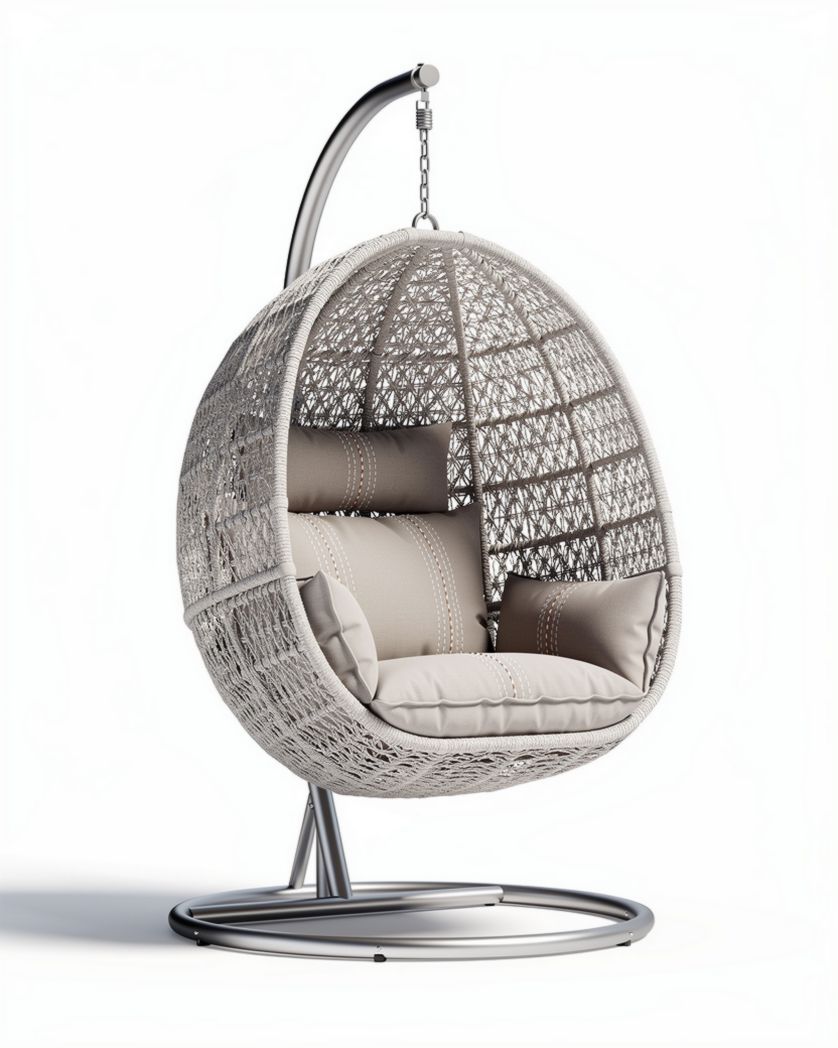 Hangstoel van wicker met metalen staander en kussen in beige 100 x 80 x 120cm