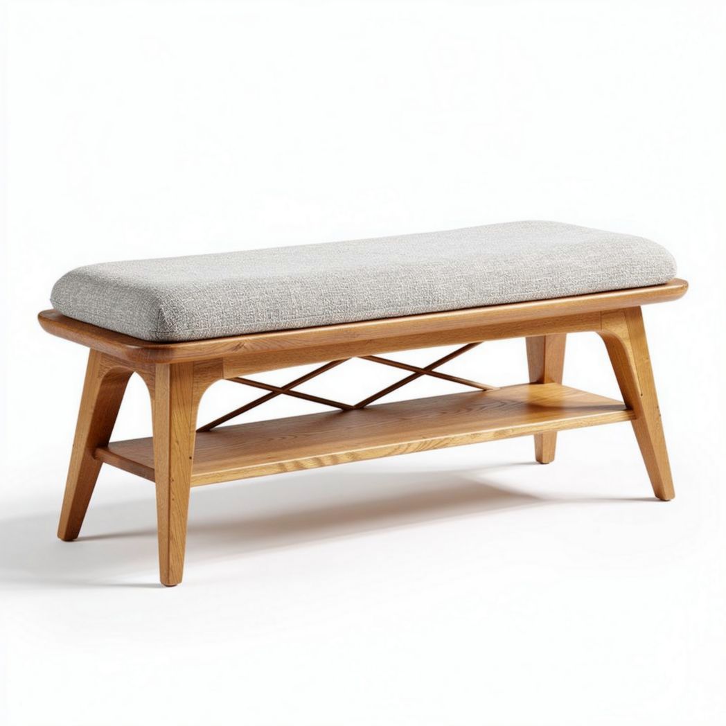 Houten bank met stoffen kussen en opbergbankje 100 x 40 x 45cm