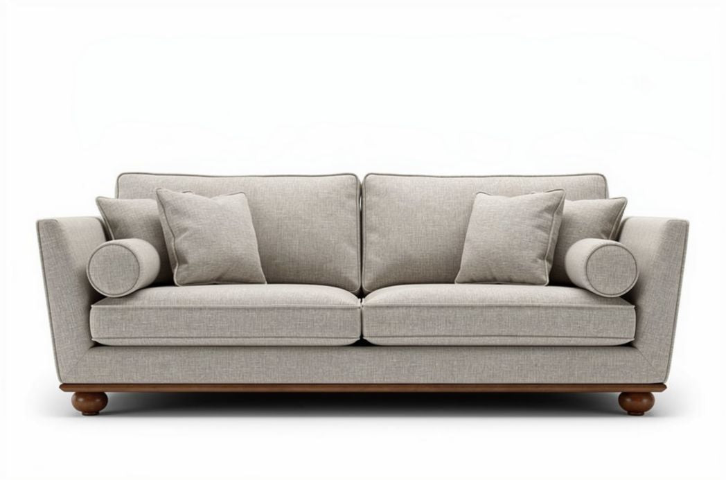 Bank van stof in lichtgrijs met kussens en houten poten 200 x 90 x 85cm