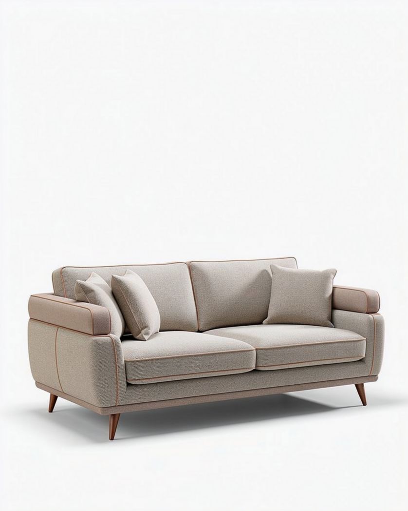 Bank van stof met kussens in beige en houtkleurige poten 180 x 90 x 85cm