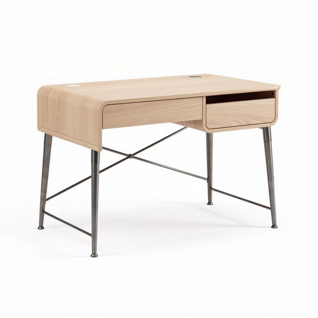 Houten bureau met lade en metalen poten 120 x 60 x 75cm naturel eiken