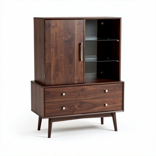 Kast in walnootkleur met glazen planken en opbergruimte 120 x 40 x 120cm