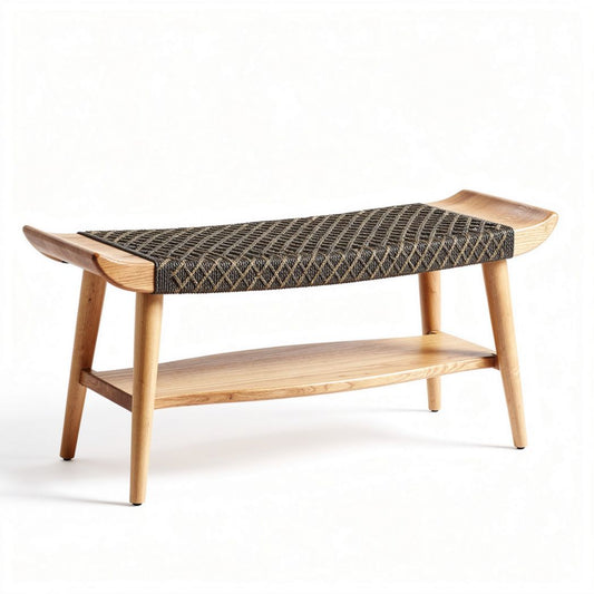 Houten bank met gevlochten zitting en onderrek 100 x 40 x 45cm