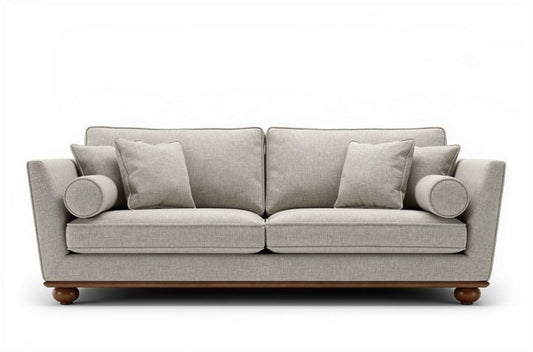 Bank van stof in lichtgrijs met kussens en houten poten 200 x 90 x 85cm