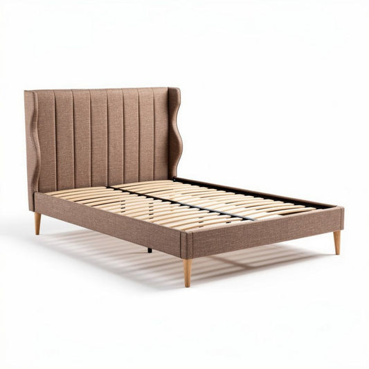 Houten bedframe met stoffen hoofdbord en lattenbodem 200 x 160 x 100cm